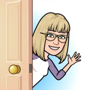 Bitmoji image of woman waving hello while peeking in an open door