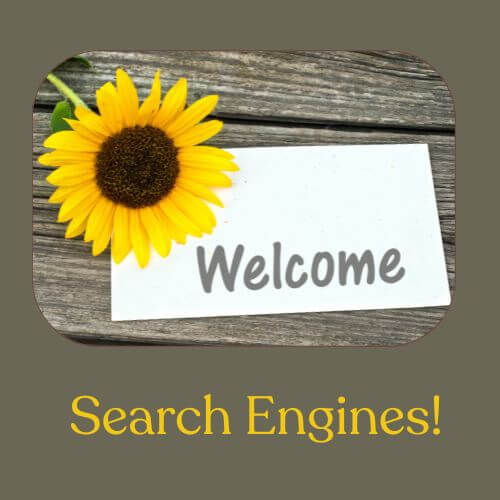 A welcome search engines sign adorned with a sunflower